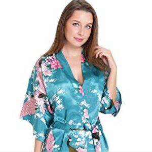 Aibrou Floral Kimono Robe in Blue & Pink Silk Satin With Belt Closure- XL NWT